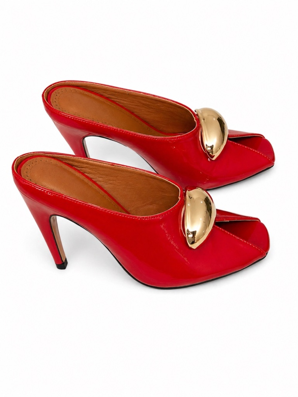 Red Peep-Toe High Heel Mules with Gold Accent